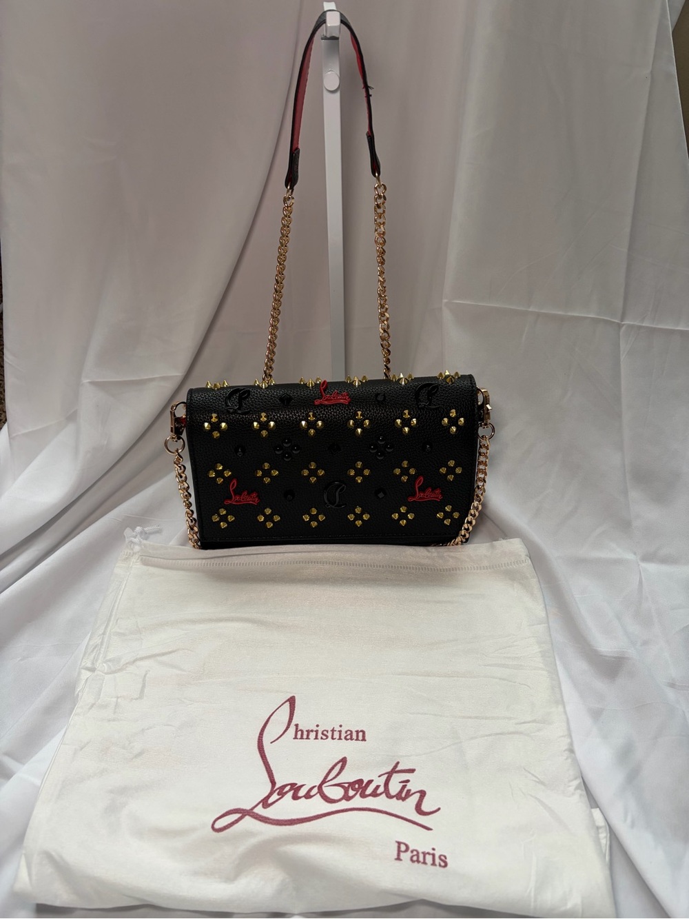 Christian Louboutin Black Leather Studded Shoulder Bag with Gold Chain
